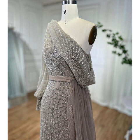 Vestido de noche de lujo con cuentas y sobrefalda de un solo hombro color caramelo, corte sirena, para mujer, boda, fiesta, LA72128 