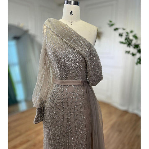 Vestido de noche de lujo con cuentas y sobrefalda de un solo hombro color caramelo, corte sirena, para mujer, boda, fiesta, LA72128 