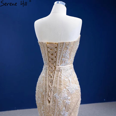 Vestidos de noche de lujo color champán con escote sirena, elegantes y sexis con cuentas, para mujer, para fiesta, HM67339 