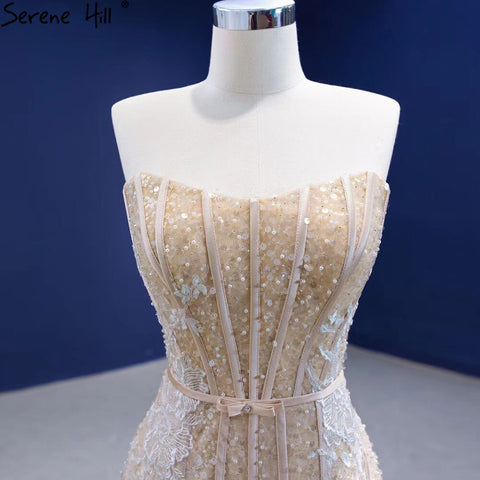 Vestidos de noche de lujo color champán con escote sirena, elegantes y sexis con cuentas, para mujer, para fiesta, HM67339 