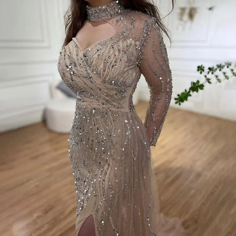 Robe de soirée sirène élégante, fendue sur le côté, bleu perlé, pour femme, tenue de soirée, de bal, style arabe, LA71856, 2025 