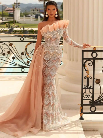 Luxury Pearls Designer One Shoulder  Evening Dresses Gowns LA71649