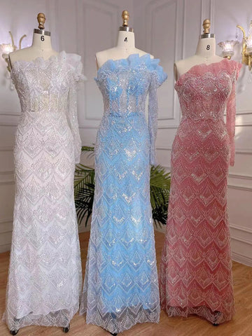 Luxury Pearls Designer One Shoulder  Evening Dresses Gowns LA71649