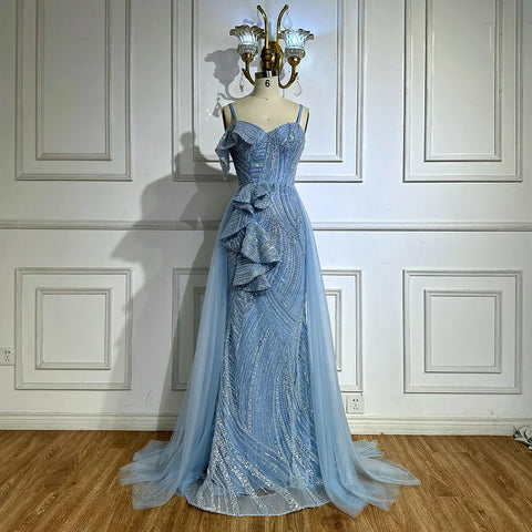 Vestido de noche de sirena con falda azul claro y tirantes finos con cuentas para ocasiones formales 2025 LA72341A