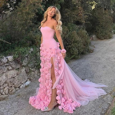 Elegant Evening Dress for Girls Arabic Pink 3D Flowers Elegant Srapless Dress Side Split Prom Party Gowns LA72568