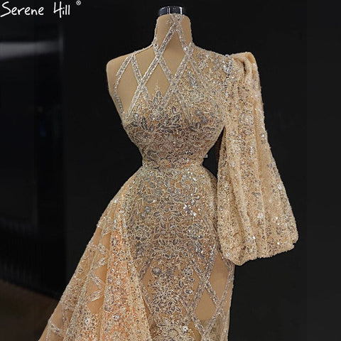 Robe de soirée sirène dorée luxueuse avec jupe, élégante, asymétrique, avec perles, pour femmes, LA71094, 2025