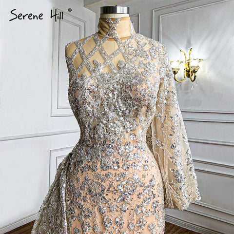 Robe de soirée sirène dorée luxueuse avec jupe, élégante, asymétrique, avec perles, pour femmes, LA71094, 2025
