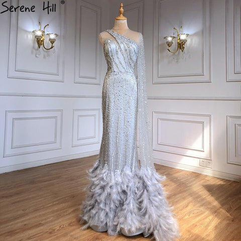 Vestidos de noche de sirena dorados con un solo hombro, elegantes y sexys, con plumas y cuentas, para mujer, para fiesta, LA71096 