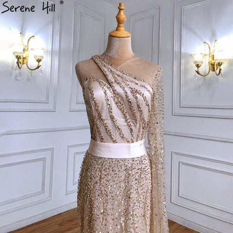 Vestidos de noche de sirena dorados con un solo hombro, elegantes y sexys, con plumas y cuentas, para mujer, para fiesta, LA71096 