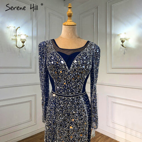 Vestidos de noche de sirena de lujo en azul plateado, elegantes y brillantes, con abertura, sexys, para mujer, para fiesta, LA71050 