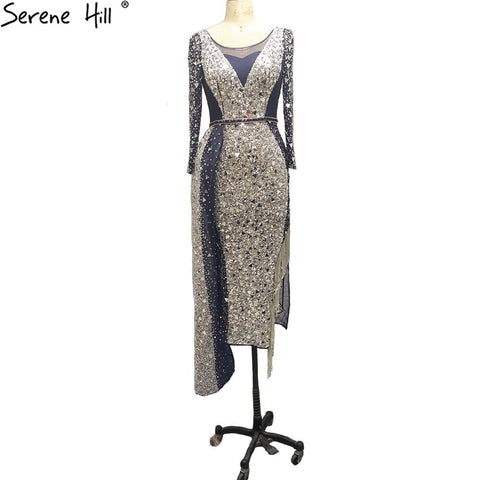 Vestidos de noche de sirena de lujo en azul plateado, elegantes y brillantes, con abertura, sexys, para mujer, para fiesta, LA71050 