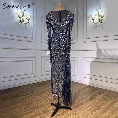 Vestidos de noche de sirena de lujo en azul plateado, elegantes y brillantes, con abertura, sexys, para mujer, para fiesta, LA71050 