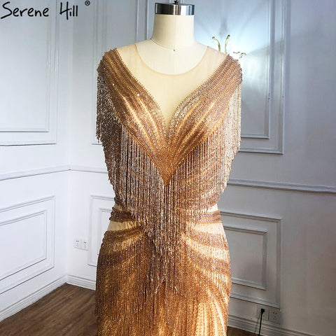 Robe de soirée sirène luxueuse dorée, élégante, avec perles et pompons, pour femme, modèle LA70907, 2025 