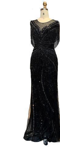 Robe de soirée sirène luxueuse dorée, élégante, avec perles et pompons, pour femme, modèle LA70907, 2025 