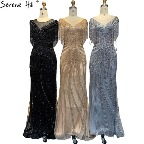 Robe de soirée sirène luxueuse dorée, élégante, avec perles et pompons, pour femme, modèle LA70907, 2025 