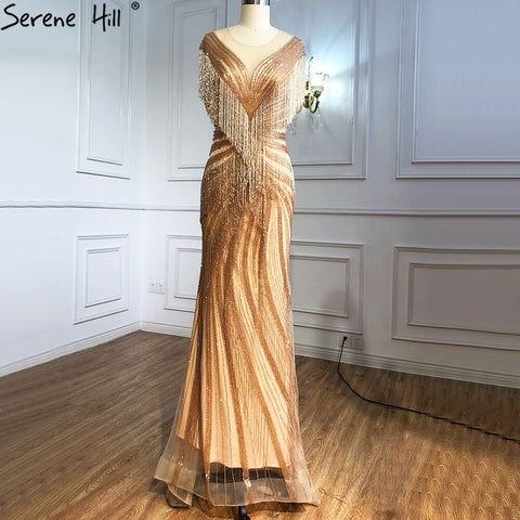 Robe de soirée sirène luxueuse dorée, élégante, avec perles et pompons, pour femme, modèle LA70907, 2025 