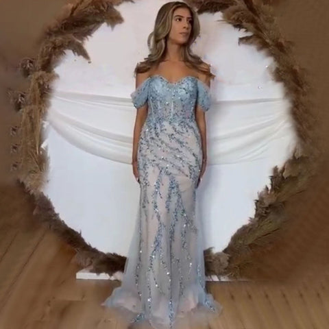 Robe de soirée sirène rose luxueuse, élégante, épaules dénudées, perles, pour femme, LA71653, 2025 