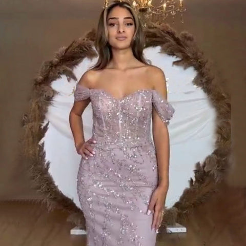 Robe de soirée sirène rose luxueuse, élégante, épaules dénudées, perles, pour femme, LA71653, 2025 