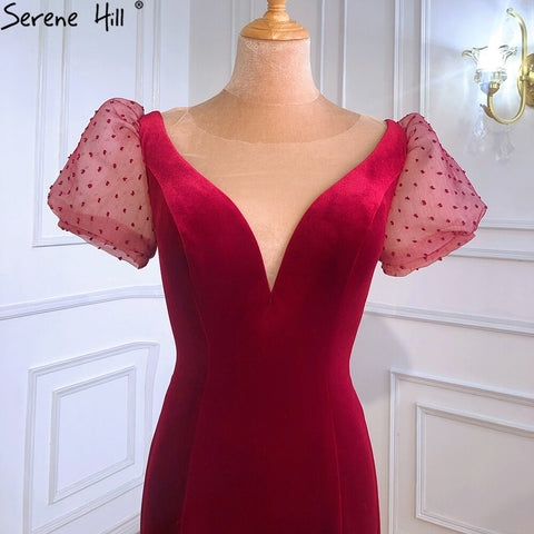 Sale Mermaid Wine Red Elegant Evening Dresses Gowns 2025 Puff Sleeves Beading For Women Party LA70841