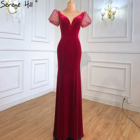 Sale Mermaid Wine Red Elegant Evening Dresses Gowns 2025 Puff Sleeves Beading For Women Party LA70841