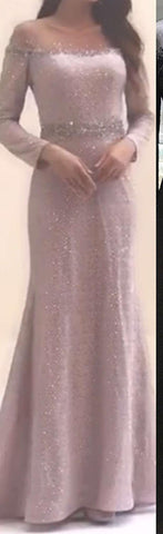 Vestido de noche estilo sirena color vino tinto con escote redondo, mangas largas y pedrería, diseño de vestido formal de lujo LA70730 