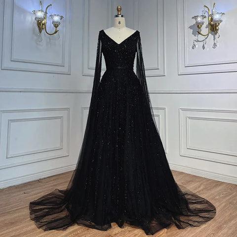 Robe de soirée longue de luxe à manches cape et perles, style A-Line, style Dubaï, 2025, LA71865 