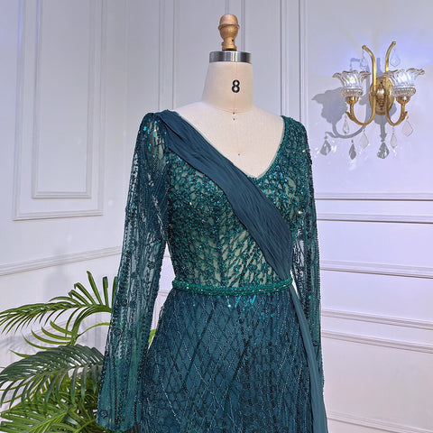 Vestido de noche musulmán estilo sirena, color menta, con mangas abullonadas y sobrefalda, de lujo, con cuentas, para mujer, fiesta, LA72025 