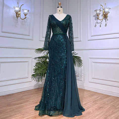 Vestido de noche musulmán estilo sirena, color menta, con mangas abullonadas y sobrefalda, de lujo, con cuentas, para mujer, fiesta, LA72025 