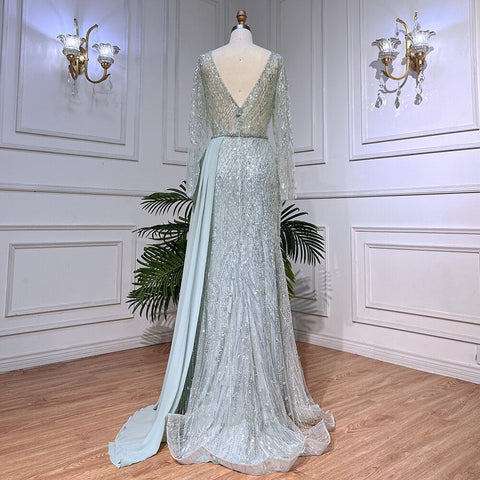 Vestido de noche musulmán estilo sirena, color menta, con mangas abullonadas y sobrefalda, de lujo, con cuentas, para mujer, fiesta, LA72025 