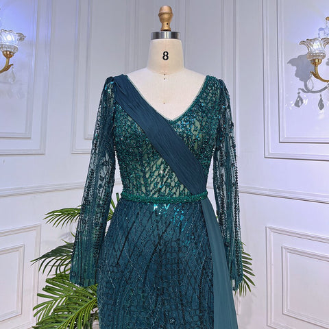 Vestido de noche musulmán estilo sirena, color menta, con mangas abullonadas y sobrefalda, de lujo, con cuentas, para mujer, fiesta, LA72025 