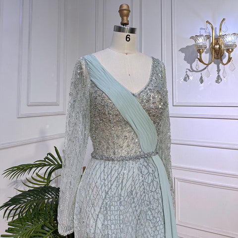 Vestido de noche musulmán estilo sirena, color menta, con mangas abullonadas y sobrefalda, de lujo, con cuentas, para mujer, fiesta, LA72025 