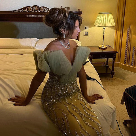 Vestido de noche elegante y sexy de sirena verde menta con escote en V, con perlas de lujo y cuentas, para mujer, fiesta LA71719 