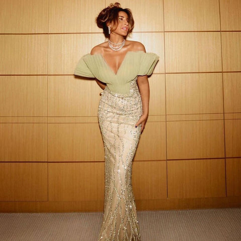 Vestido de noche elegante y sexy de sirena verde menta con escote en V, con perlas de lujo y cuentas, para mujer, fiesta LA71719 