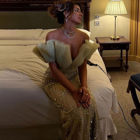 Vestido de noche elegante y sexy de sirena verde menta con escote en V, con perlas de lujo y cuentas, para mujer, fiesta LA71719 