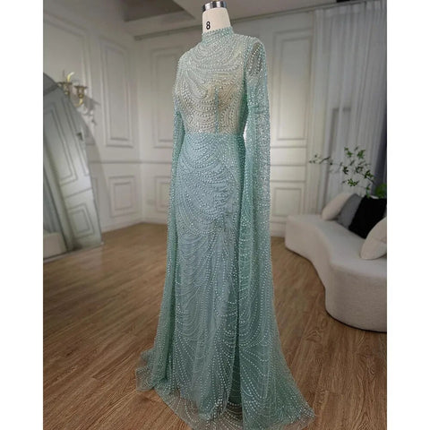 Robe de soirée sirène de luxe à la menthe, style musulman, manches cape, perles, élégante, pour femmes, fête de mariage, LA72182, 2025