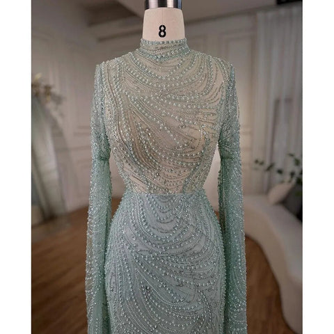 Robe de soirée sirène de luxe à la menthe, style musulman, manches cape, perles, élégante, pour femmes, fête de mariage, LA72182, 2025