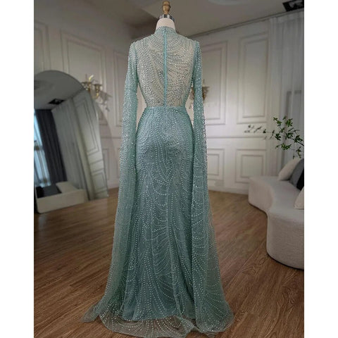 Robe de soirée sirène de luxe à la menthe, style musulman, manches cape, perles, élégante, pour femmes, fête de mariage, LA72182, 2025