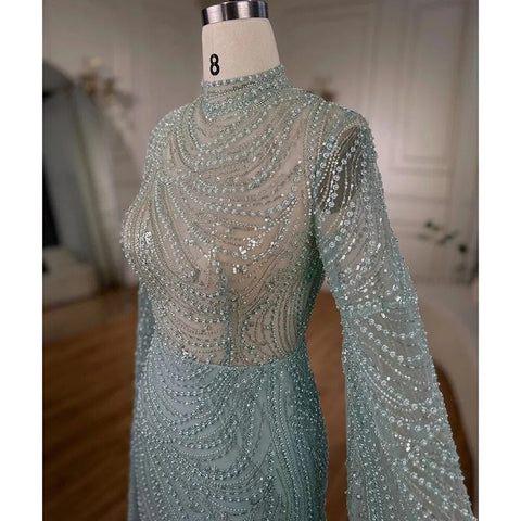 Robe de soirée sirène de luxe à la menthe, style musulman, manches cape, perles, élégante, pour femmes, fête de mariage, LA72182, 2025