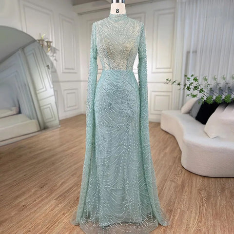 Robe de soirée sirène de luxe à la menthe, style musulman, manches cape, perles, élégante, pour femmes, fête de mariage, LA72182, 2025