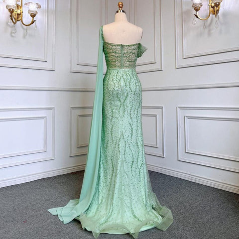 Robe de soirée sirène élégante à la menthe, asymétrique, perlée, pour femme, modèle LA71638, 2025 