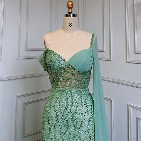 Robe de soirée sirène élégante à la menthe, asymétrique, perlée, pour femme, modèle LA71638, 2025 