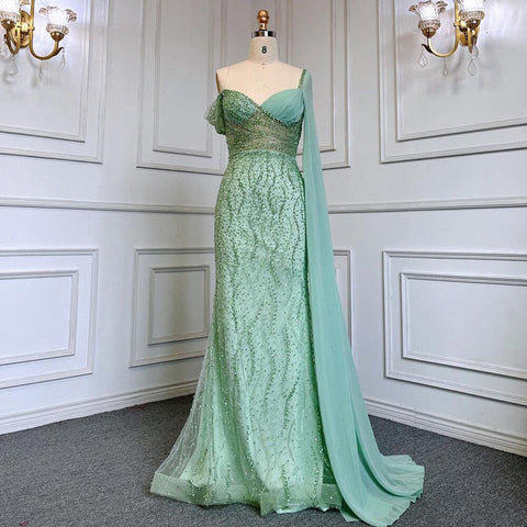 Robe de soirée sirène élégante à la menthe, asymétrique, perlée, pour femme, modèle LA71638, 2025 