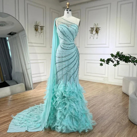 Feather Turquoise Aqua One Shoulder Mermaid Evening Dress with Cape LA72399