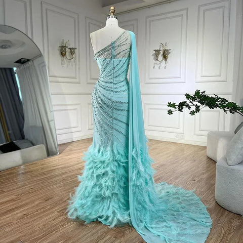 Feather Turquoise Aqua One Shoulder Mermaid Evening Dress with Cape LA72399