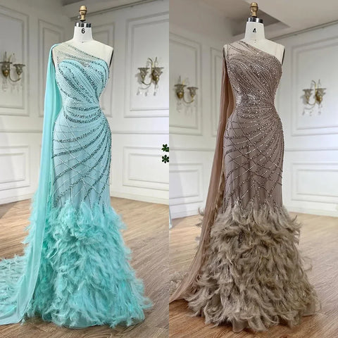 Feather Turquoise Aqua One Shoulder Mermaid Evening Dress with Cape LA72399