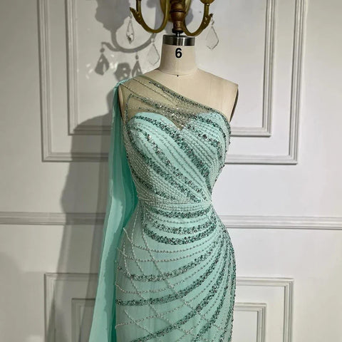 Feather Turquoise Aqua One Shoulder Mermaid Evening Dress with Cape LA72399