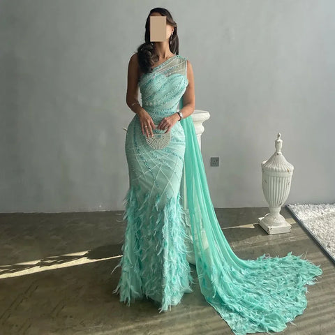 Feather Turquoise Aqua One Shoulder Mermaid Evening Dress with Cape LA72399