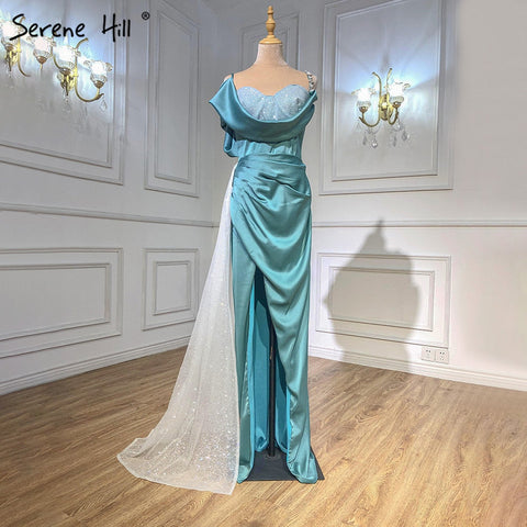Robe de soirée sirène fendue à la menthe, asymétrique épaule dénudée, diamants, sexy, pour femme, LA70875 