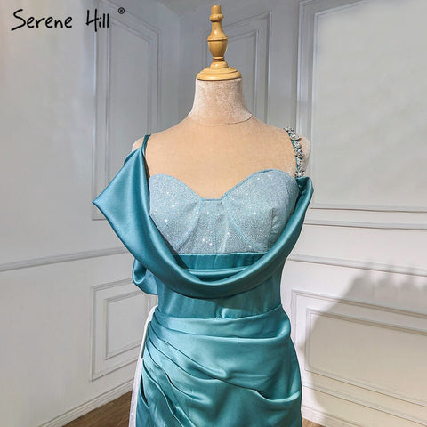 Robe de soirée sirène fendue à la menthe, asymétrique épaule dénudée, diamants, sexy, pour femme, LA70875 