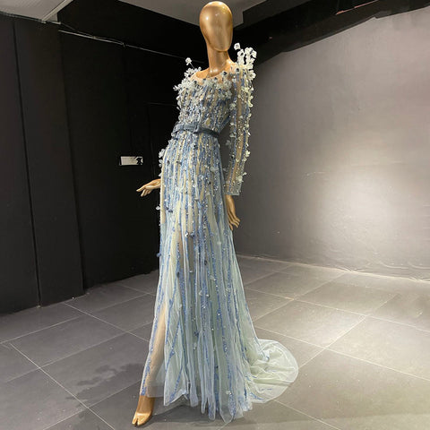 Moslim Blauw Luxe Avond Jurken 2025 Kralen A-Lijn pour femmes fête de mariage LA71549 